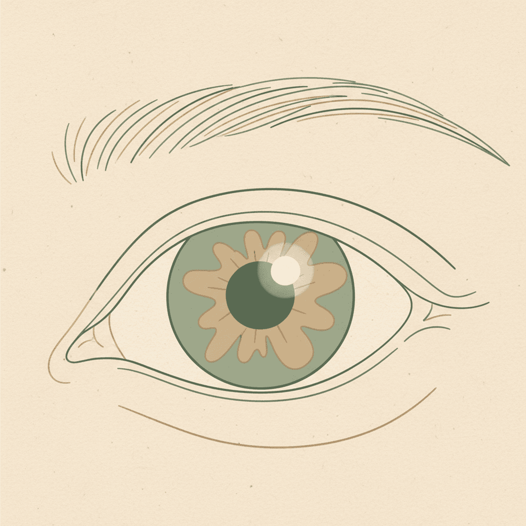 An iris with a bright spot from a ceiling light in the centre
