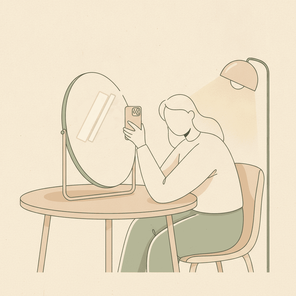 Phone held up to a mirror with a small lamp lighting the eye from one side