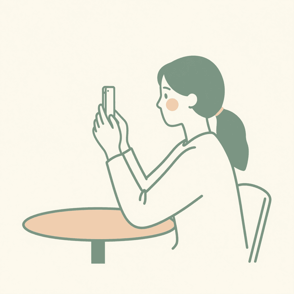 An elbow braced on a table holding a phone steady close to an eye